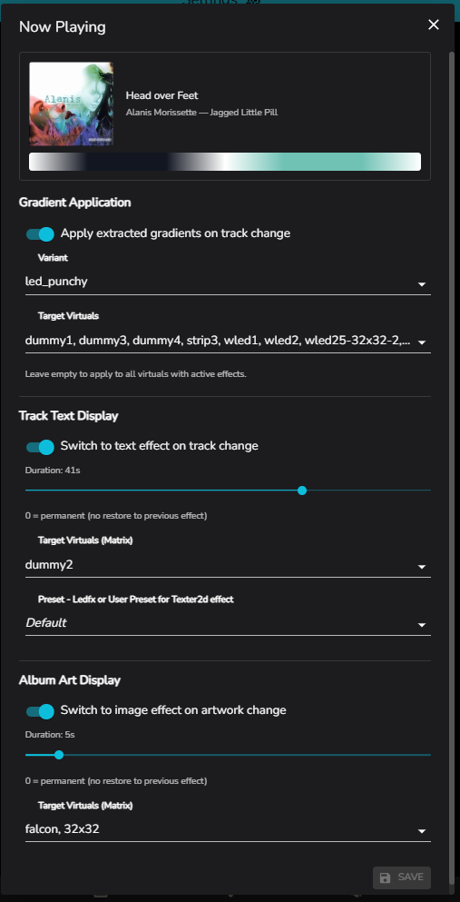 Now Playing configuration dialog