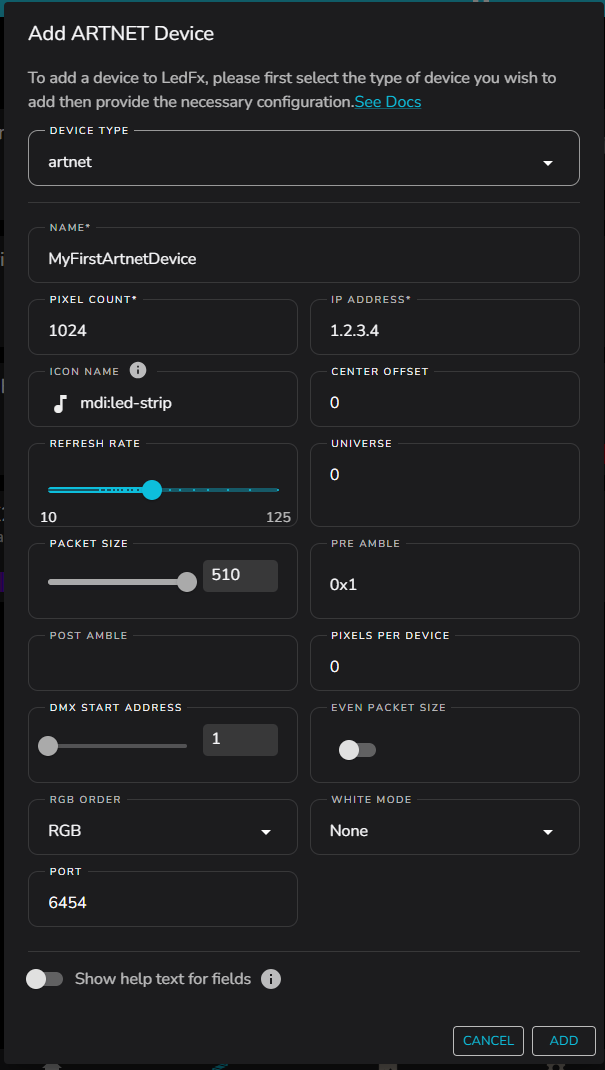 Artnet Device Config